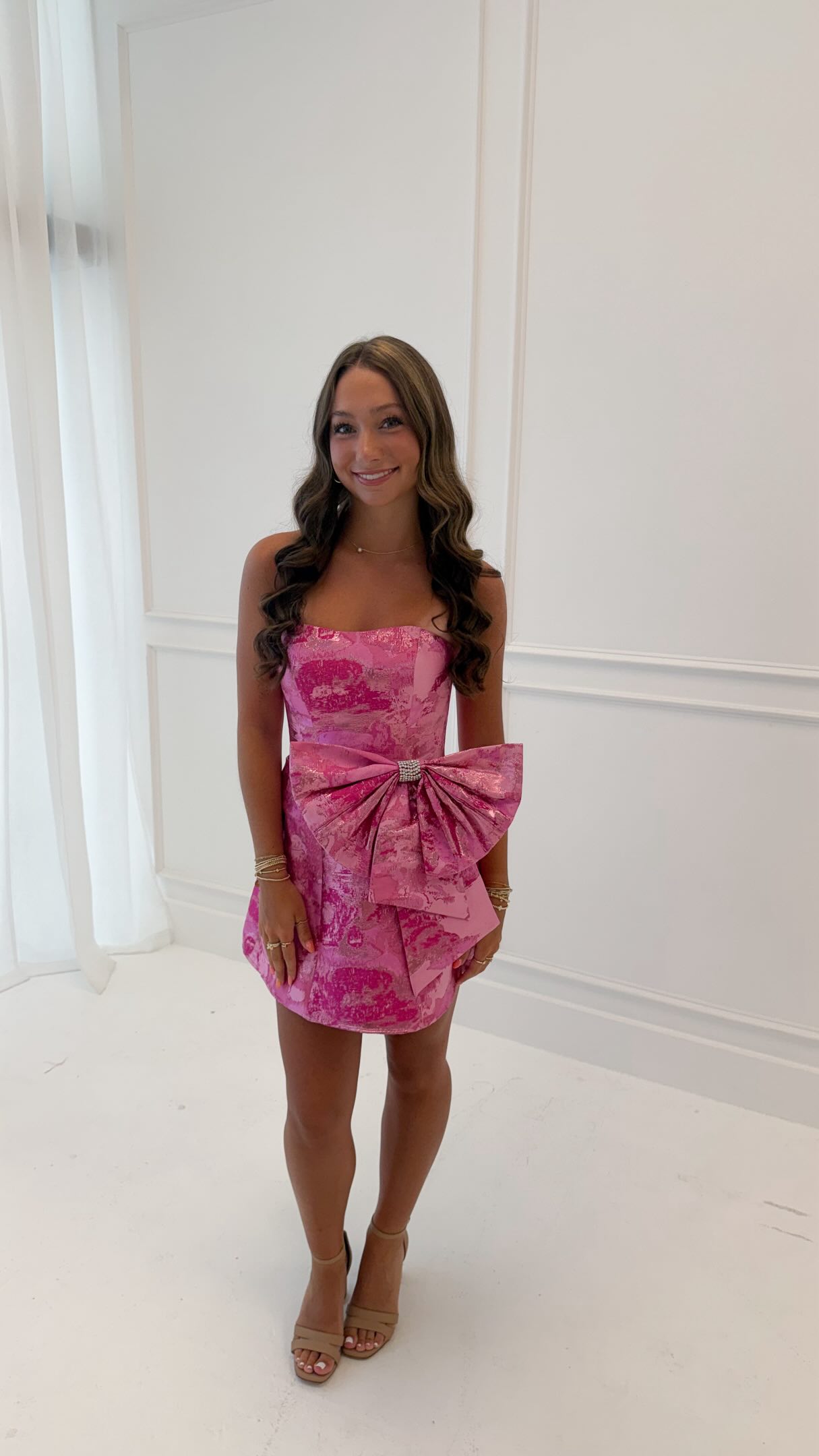 Strapless Jacquard Mini Dress with Bow Detail