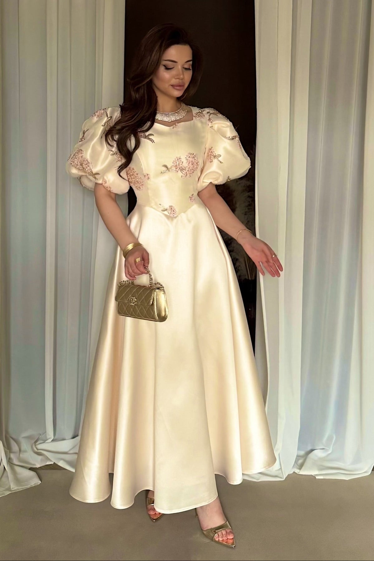 Floral Embroidered Puff Sleeve Satin Maxi Dress
