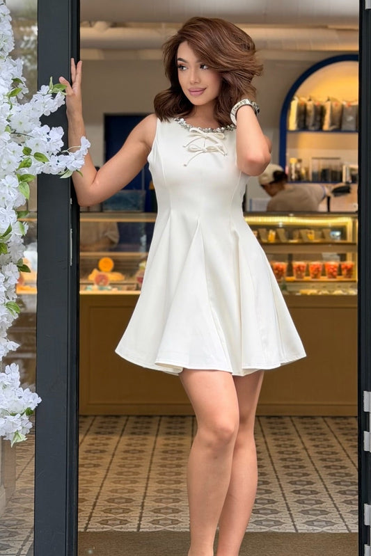 Sleeveless Beaded Keyhole A-Line Mini Dress