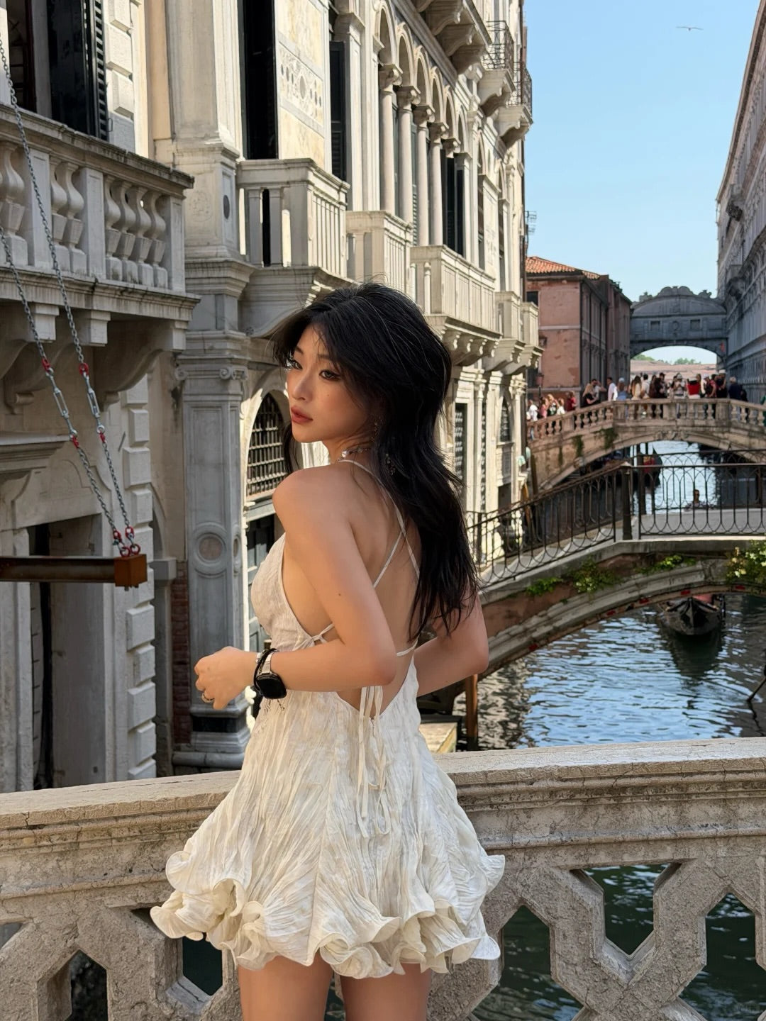 Ruffled Lace Backless Mini Dress with Spaghetti Straps
