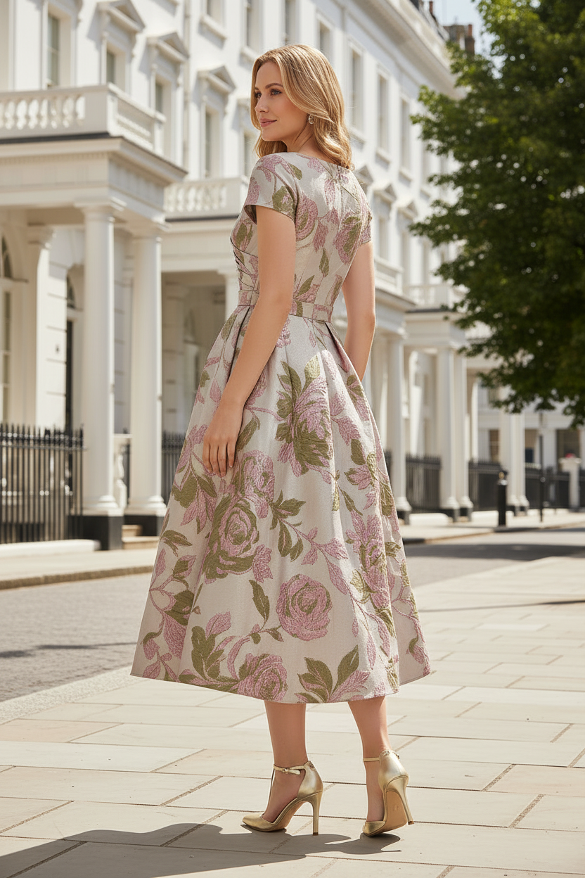 Floral Jacquard Pleated A-Line Midi Dress