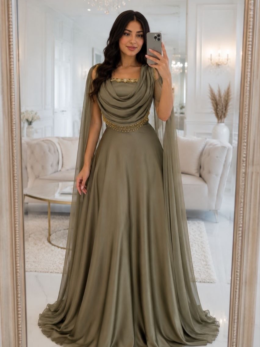 Draped Cowl Cape Evening Gown