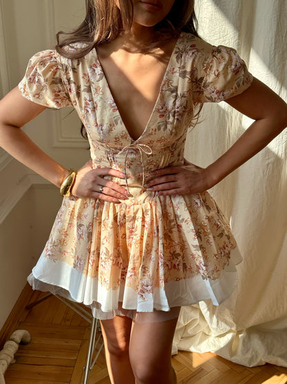 Floral Corset Mini Dress with Puff Sleeves