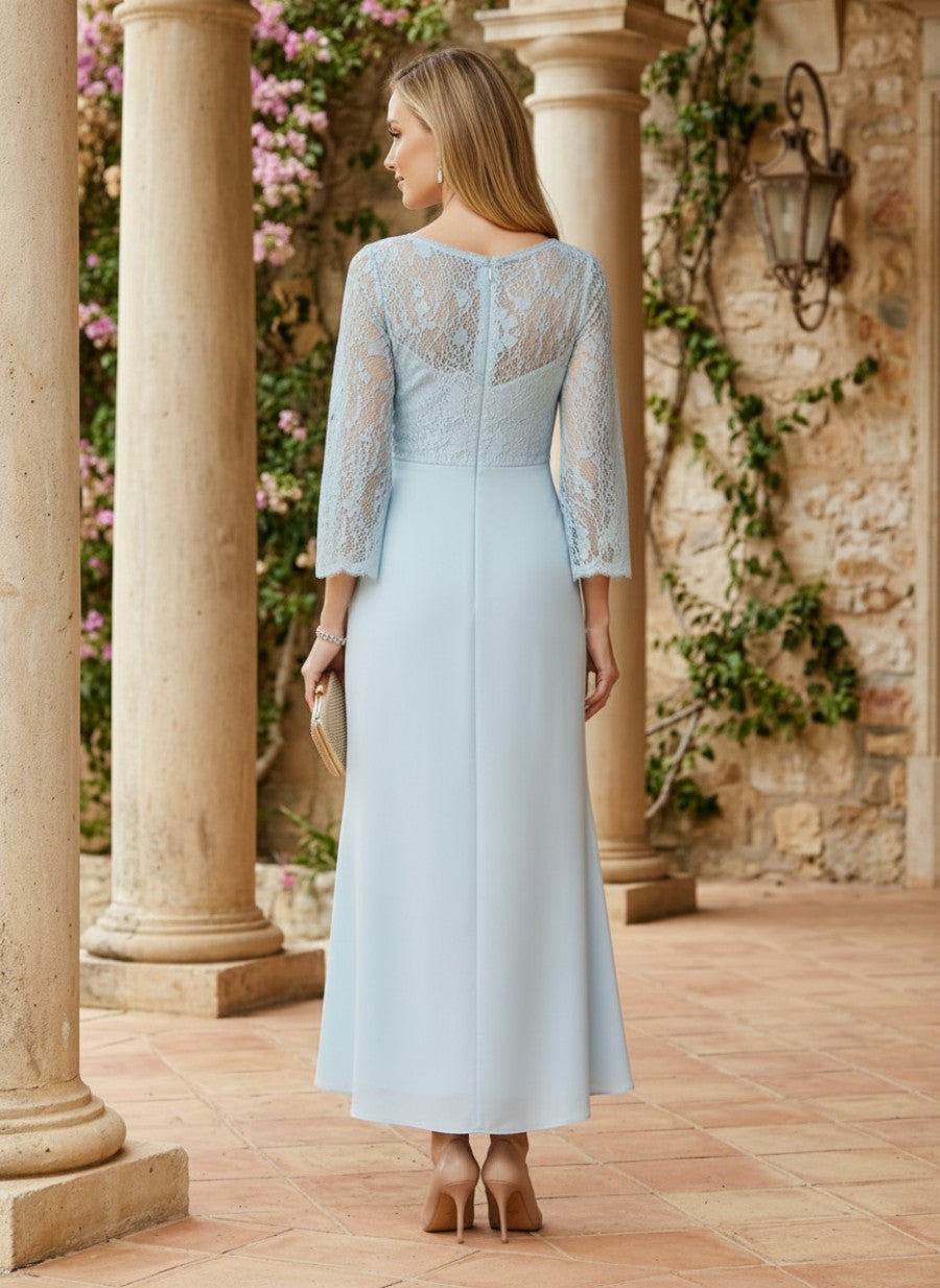 Lace 3/4-Sleeve High-Low Mock-Wrap Dress