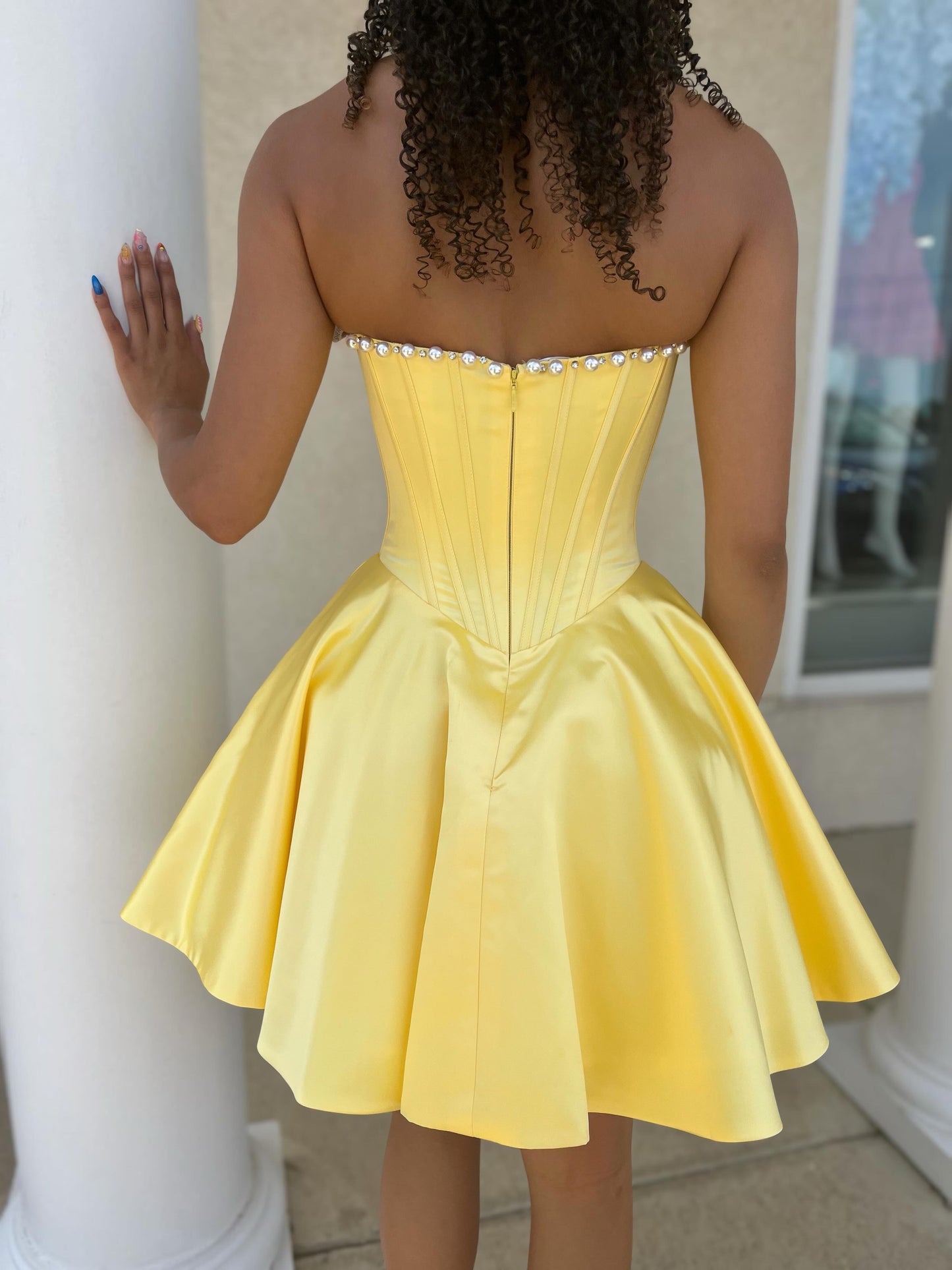 Strapless Satin Corset Mini Dress with Pearl Trim
