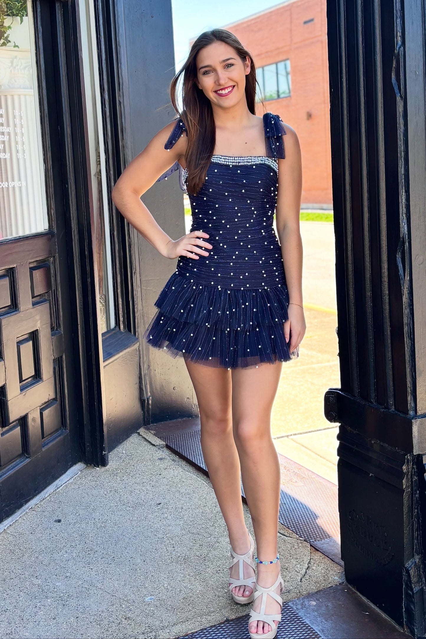 Pearl-Embellished Tiered Tulle Mini Dress
