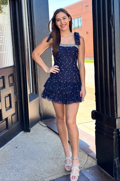 Pearl-Embellished Tiered Tulle Mini Dress