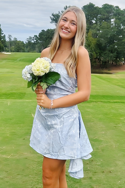 Strapless Floral Jacquard Mini Dress with Side Drape