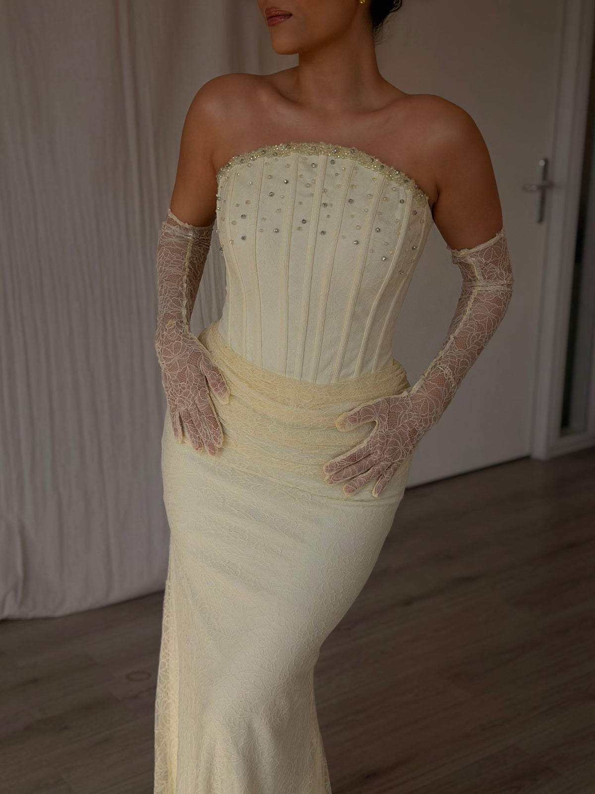 Strapless Corset Lace Evening Gown with Beading