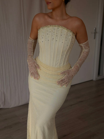 Strapless Corset Lace Evening Gown with Beading