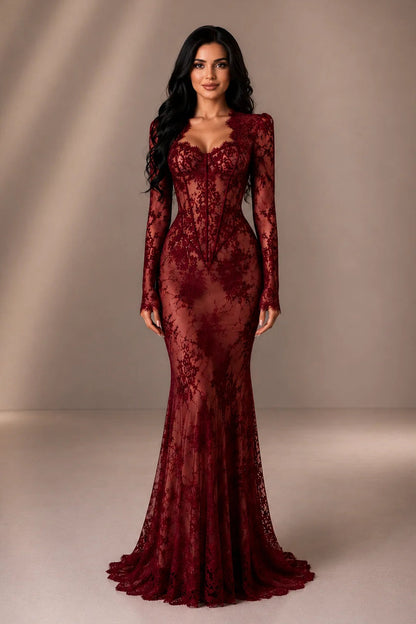 Long Sleeve Lace Mermaid Evening Gown