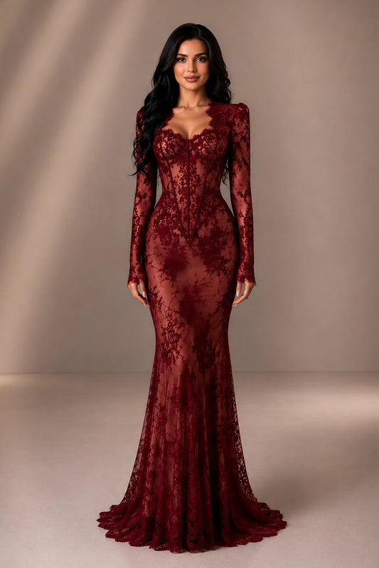 Long Sleeve Lace Mermaid Evening Gown