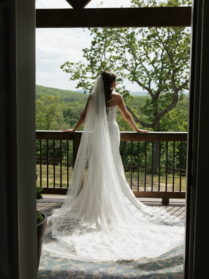Strapless Sheath Wedding Gown with Lace Overskirt Train