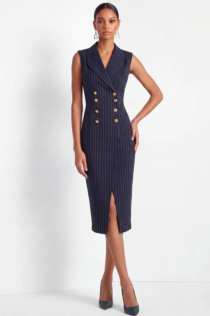 Pinstripe Double-Breasted Sleeveless Midi Dress