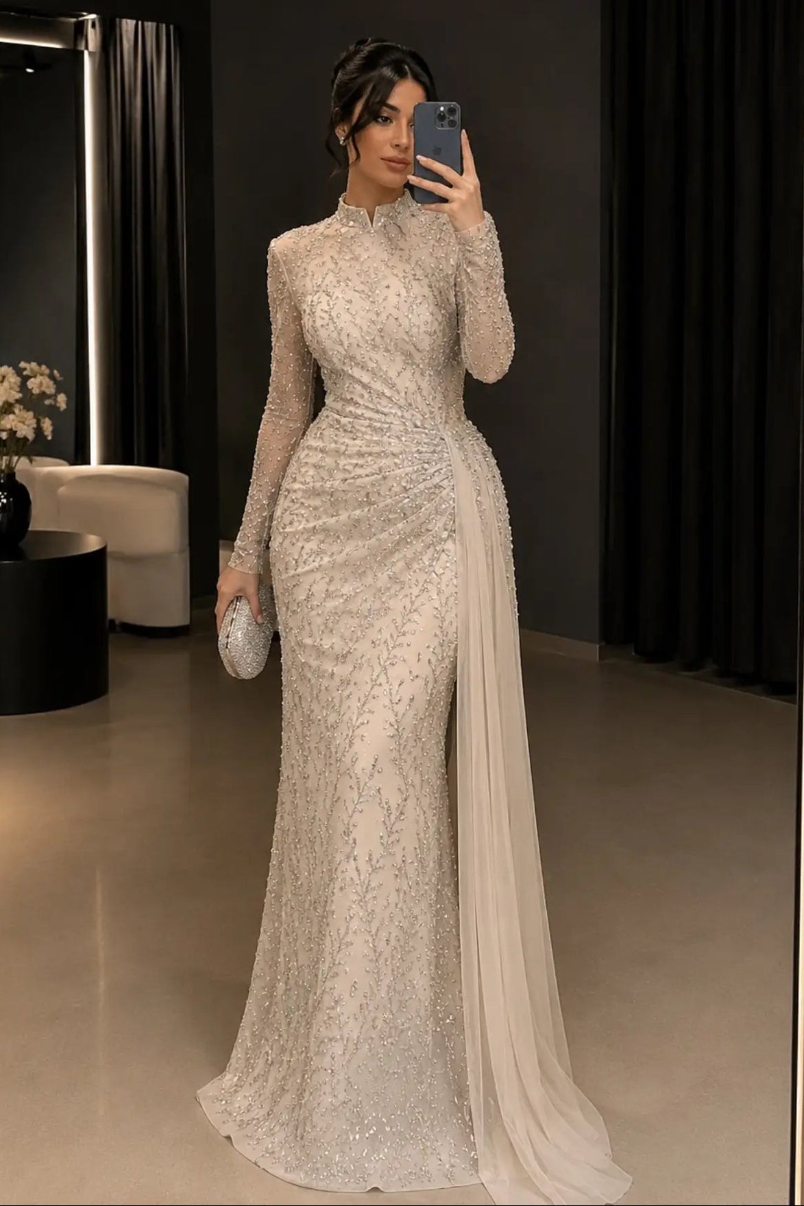 Beaded High Neck Evening Gown with Side Drape