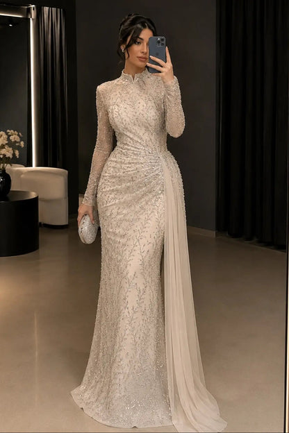 Beaded High Neck Evening Gown with Side Drape