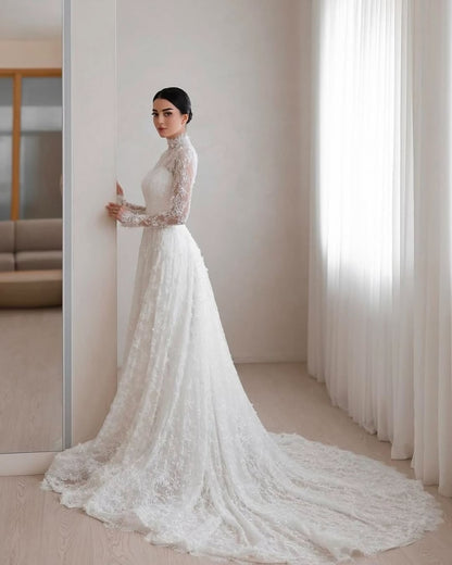High Neck Lace Long Sleeve Wedding Dress