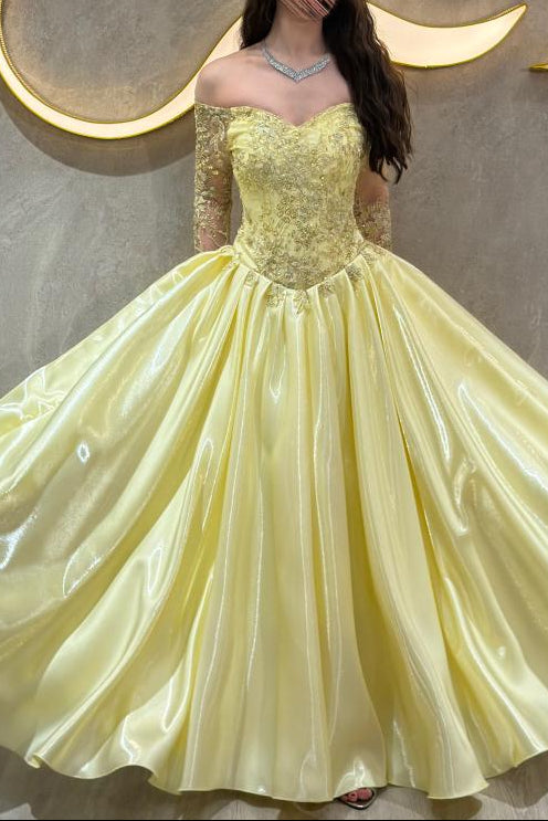 Off-the-Shoulder Lace Ball Gown with Long Sleeves