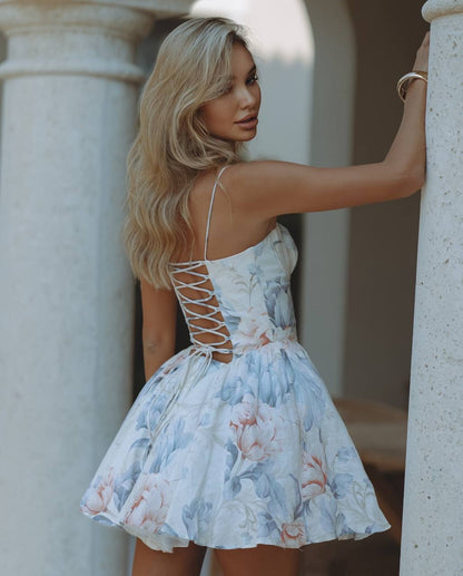 Floral Print Mini Dress with Lace-Up Back
