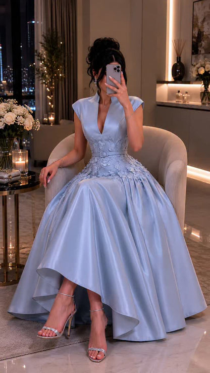High-Low Satin Gown with Floral Appliques