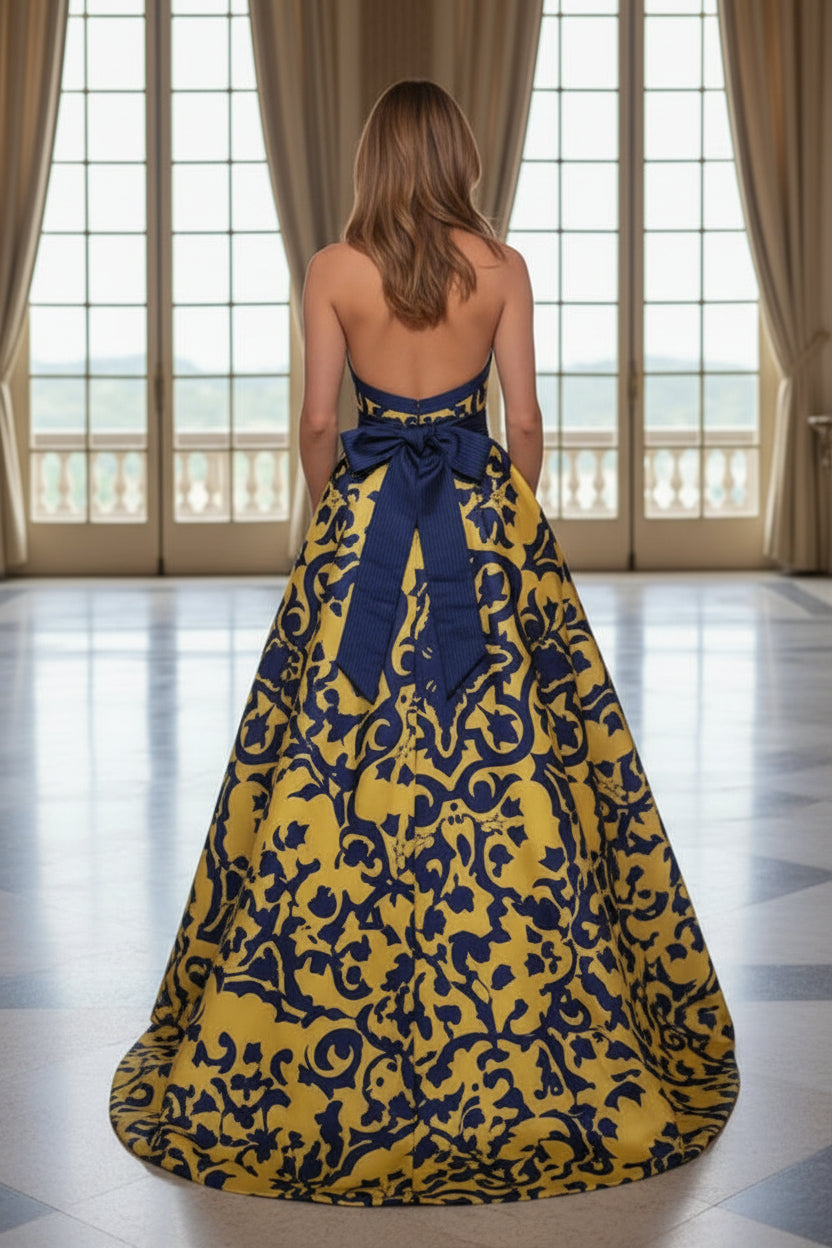Plunging Halter Ball Gown with Bow Waistband