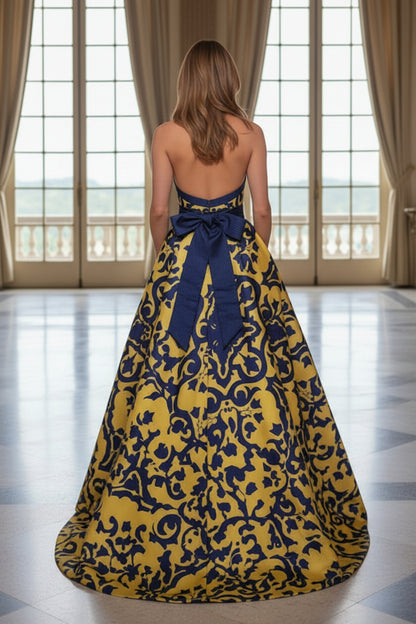 Plunging Halter Ball Gown with Bow Waistband