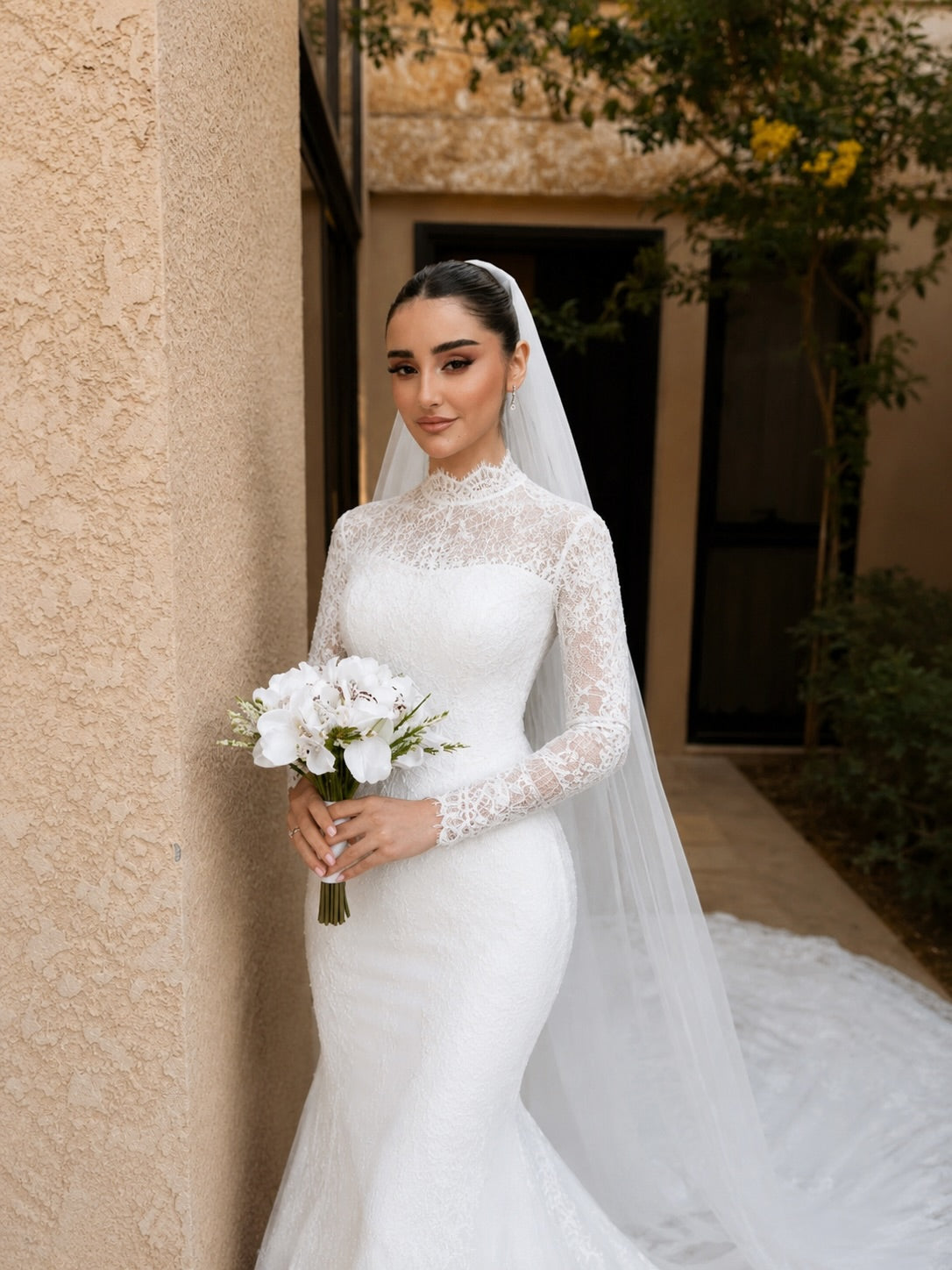 Illusion High Neck Long Sleeve Mermaid Bridal Gown