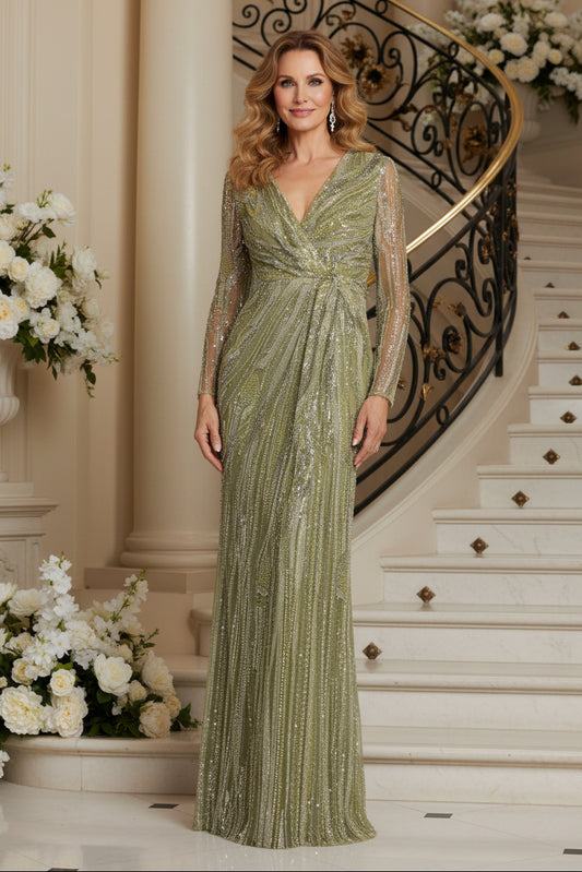 Beaded Long Sleeve V-Neck Evening Gown