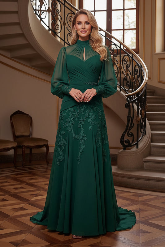 High Neck Illusion Long Sleeve Evening Gown