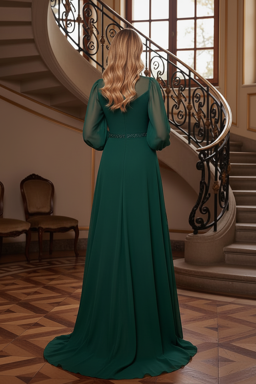 High Neck Illusion Long Sleeve Evening Gown