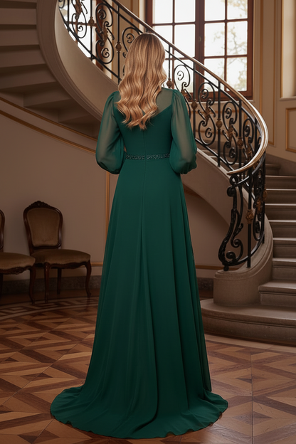 High Neck Illusion Long Sleeve Evening Gown