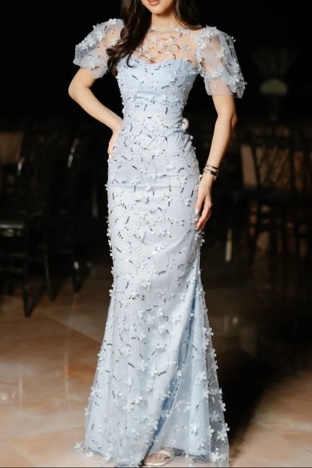 3D Floral Applique Illusion Mermaid Evening Gown