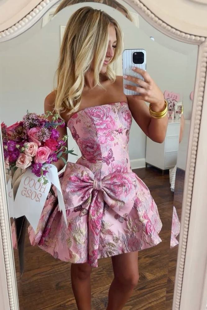Strapless Jacquard Mini Dress with Oversized Bow