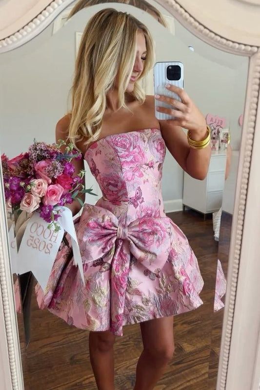 Strapless Jacquard Mini Dress with Oversized Bow