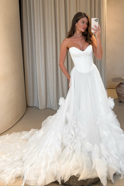 Strapless Corset Wedding Dress with Feathery Skirt