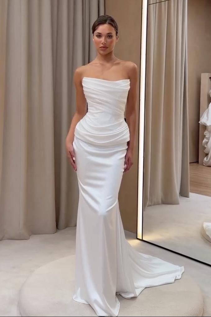 Strapless Ruched Drop-Waist Satin Wedding Dress