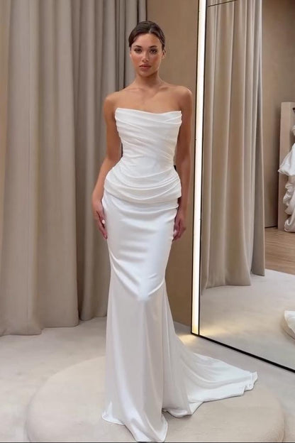 Strapless Ruched Drop-Waist Satin Wedding Dress