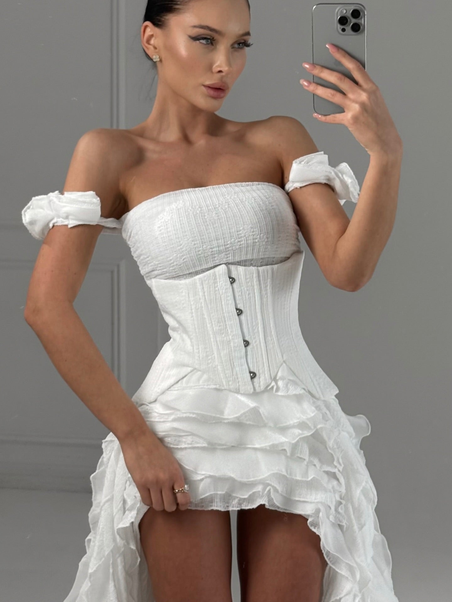 Off-the-Shoulder Corset Asymmetrical Ruffled Dress