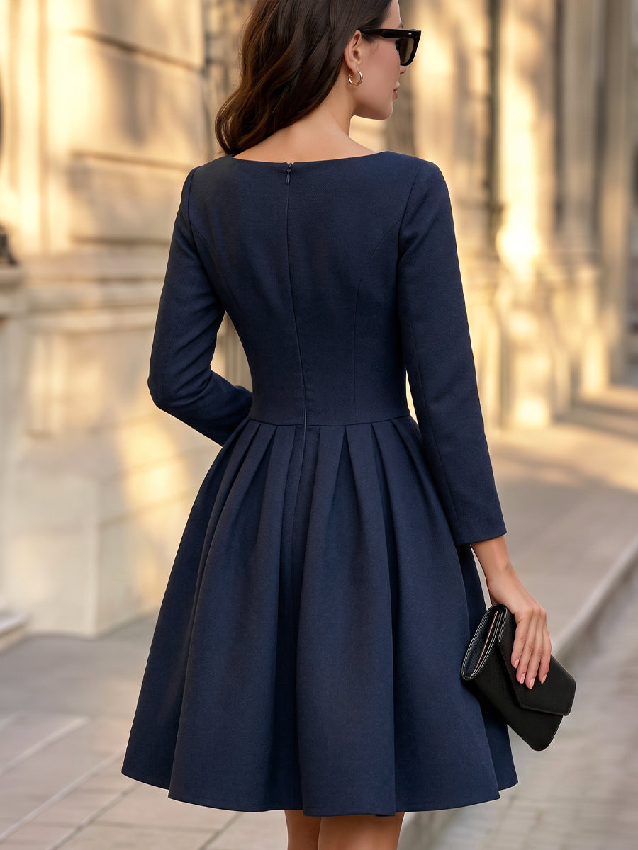 Bateau Neck Pleated A-Line Dress with Sleeves