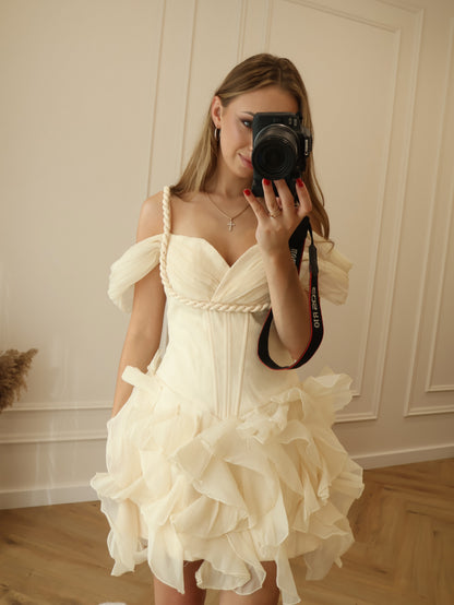 Off-The-Shoulder Ruffled Corset Mini Dress