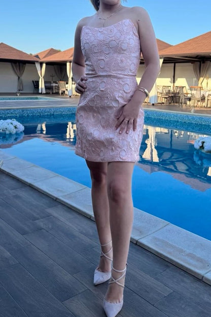 Strapless Jacquard Mini Dress with Lace-Up Back