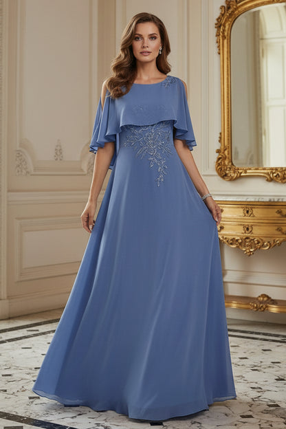 Cape-Sleeve A-Line Evening Gown with Cold-Shoulder Cutouts