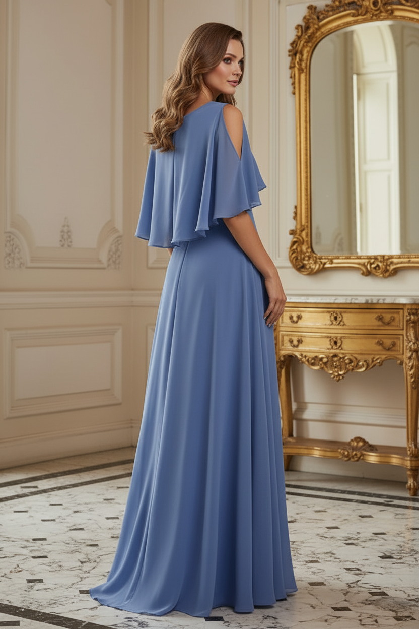 Cape-Sleeve A-Line Evening Gown with Cold-Shoulder Cutouts
