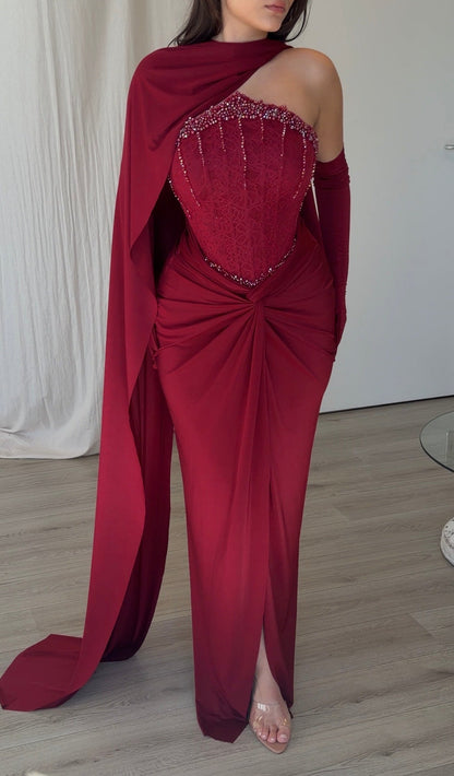 Corset Evening Gown with One-Shoulder Cape