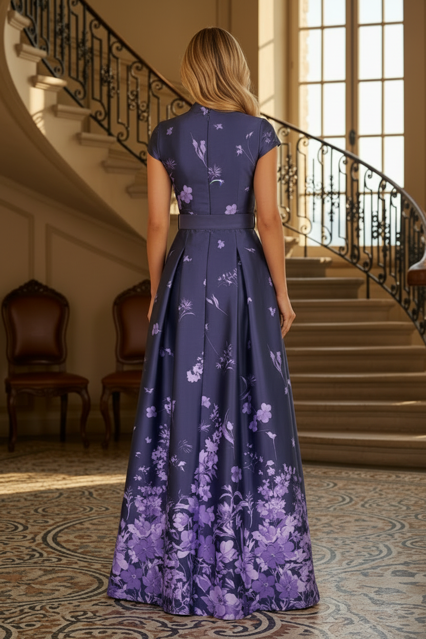 Cap Sleeve Floral A-Line Gown with Pockets