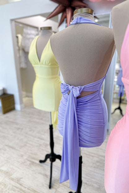 Halter Ruched Bodycon Mini Dress with Tie Back