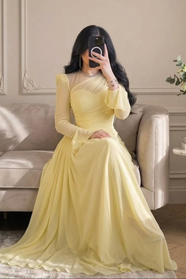 Ruched Illusion Neck Long Sleeve Gown