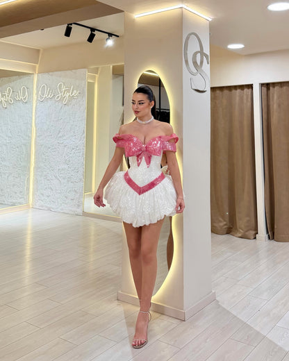 Off-The-Shoulder Bowknot Sequin Mini Dress