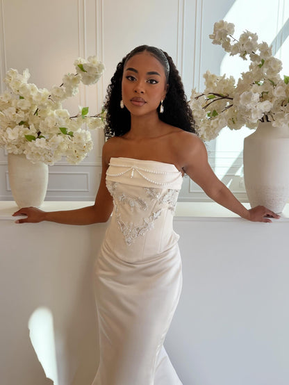 Strapless Pearl Beaded Corset Satin Gown