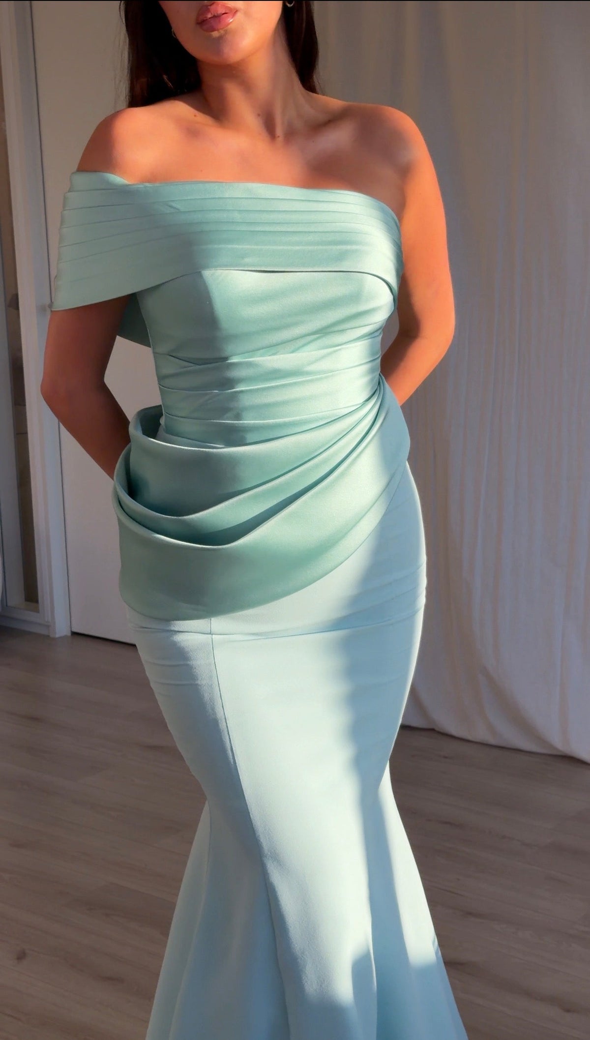 Pleated Off-Shoulder Draped Mermaid Gown